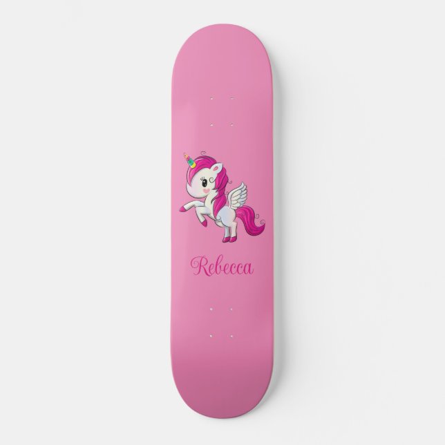 Custom Girly Sparkly Pink Unicorn Skateboard (Front)