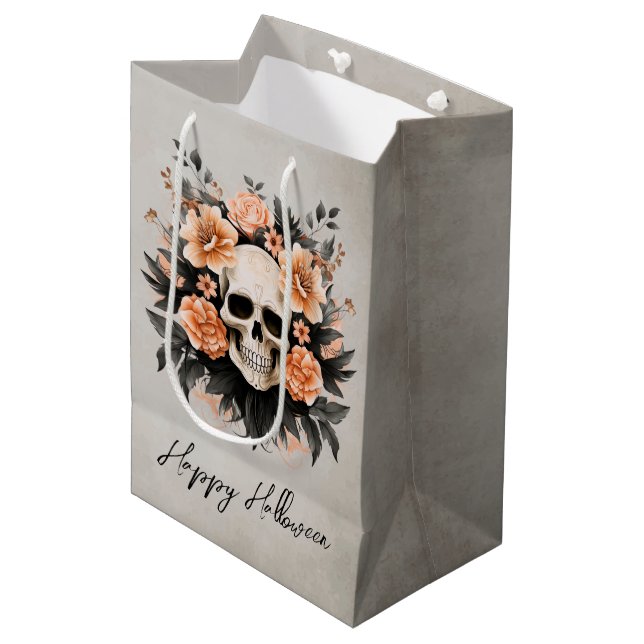 Custom Glam Floral Skull Halloween Medium Gift Bag (Front Angled)