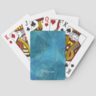 Custom Glamourous Gold Sparkle Blue Marble Playing Cards