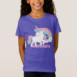 Custom Glitter Rainbow Unicorn with Name in Purple T-Shirt