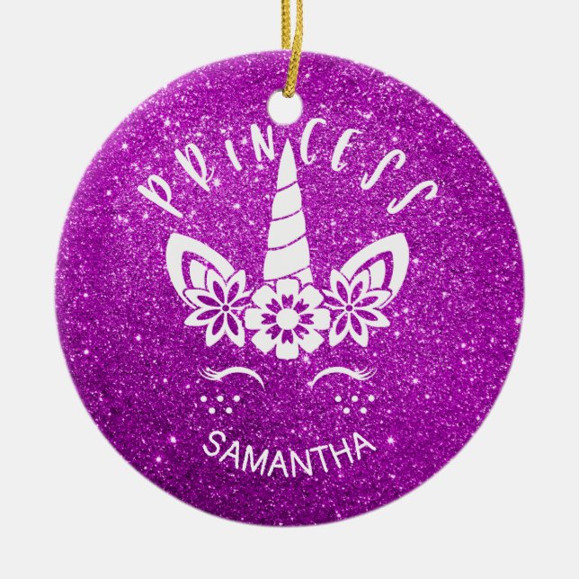 Custom Glitter Unicorn Princess Holiday Christmas  Ceramic Tree Decoration (Front)