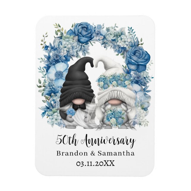Custom Gnome Blue Flowers 50th Wedding Anniversary Magnet (Vertical)