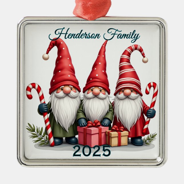 Custom Gnome Family Of Three Metal Tree Decoration (Front)