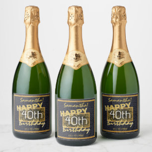 Custom Gold 40th Birthday Name Black Floral Sparkling Wine Label