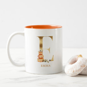 Custom Gold Alphabet E Monogram   Floral Pumpkin Two-Tone Coffee Mug