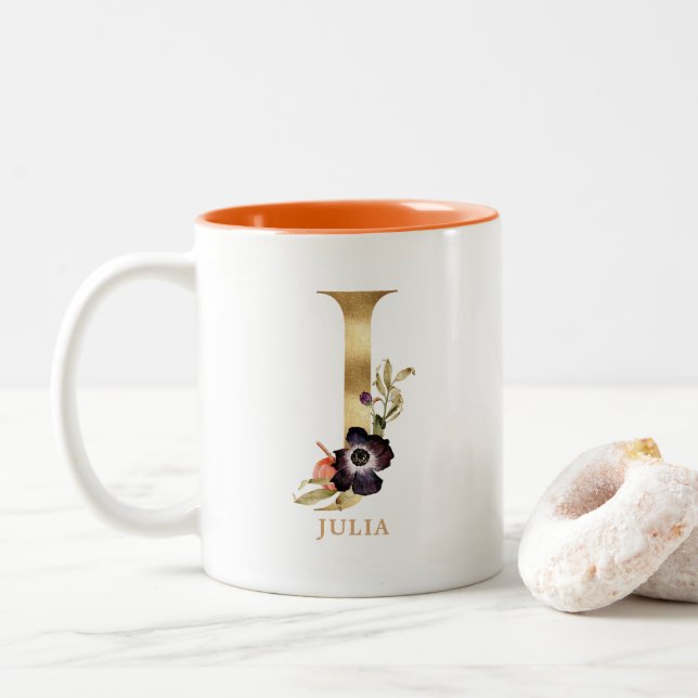 Custom Gold Alphabet J Monogram | Floral Pumpkin Two-Tone Coffee Mug (With Donut)