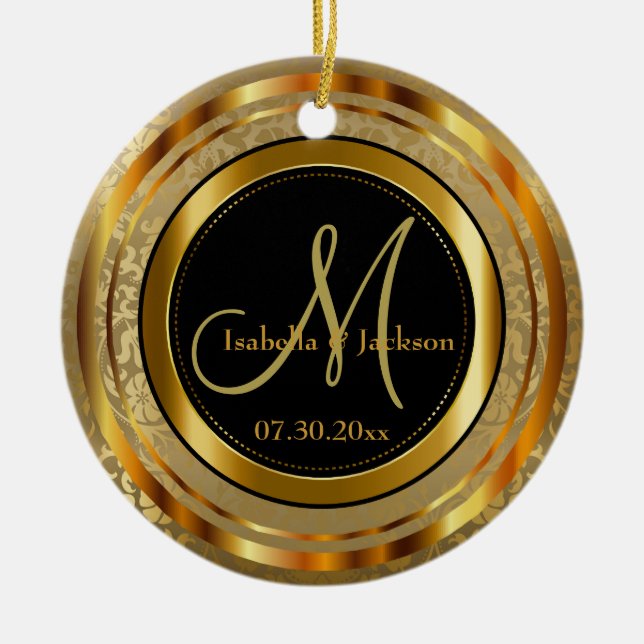 Custom Gold and Black Wedding or Anniversary Ceramic Tree Decoration (Front)