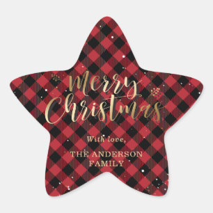 Custom Gold and Red Buffalo Plaid Merry Christmas Star Sticker