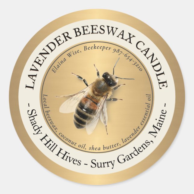 Custom Gold Beeswax Candle Label Honey Bee (Front)