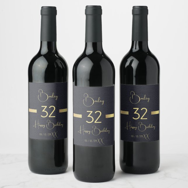 Custom Gold Birthday Name Black Wine Label (Bottles)