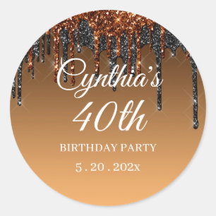 Custom Gold & Black Glitter Drip Happy Birthday Classic Round Sticker