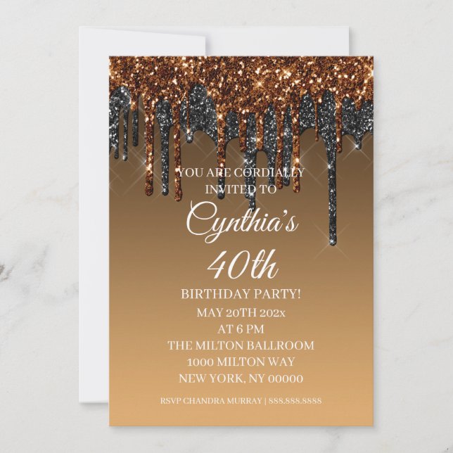 Custom Gold & Black Glitter Drip Happy Birthday Invitation (Front)