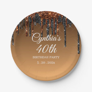 Custom Gold & Black Glitter Drip Happy Birthday Paper Plate