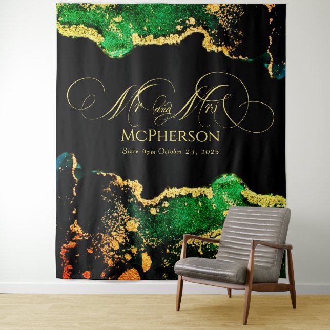 Custom Gold Calligraphy Green Black Wedding Photo Tapestry (In Situ)