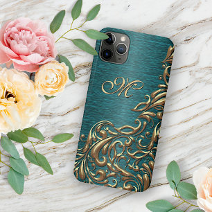 Custom Gold Damask Floral Pattern Teal Blue Green iPhone 11Pro Max Case