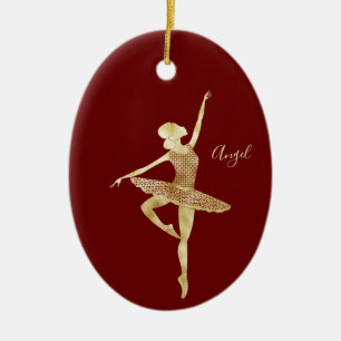 Custom Gold Foil Ballerina Dance Dark Red Ceramic Tree Decoration