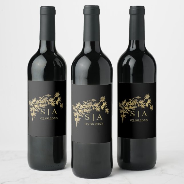 Custom Gold Foil Luxury Botanical Monogram Modern Wine Label (Bottles)