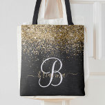 Custom Gold Glitter Black Sparkle Monogram<br><div class="desc">Easily personalise this trendy elegant tote bag design featuring pretty gold sparkling glitter on a black brushed metallic background.</div>
