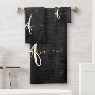 Custom Gold Glitter Black Sparkle Monogram Bath Towel Set