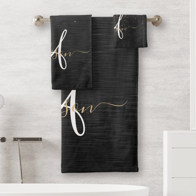 Custom Gold Glitter Black Sparkle Monogram Bath Towel Set (Creator Uploaded)