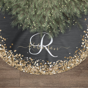 Custom Gold Glitter Black Sparkle Monogram Brushed Polyester Tree Skirt