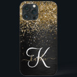 Custom Gold Glitter Black Sparkle Monogram iPhone 13 Pro Max Case<br><div class="desc">Easily personalise this trendy elegant phone case design featuring pretty gold sparkling glitter on a black brushed metallic background.</div>