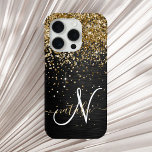Custom Gold Glitter Black Sparkle Monogram iPhone 15 Pro Case<br><div class="desc">Easily personalise this trendy elegant phone case design featuring pretty gold sparkling glitter on a black brushed metallic background.</div>