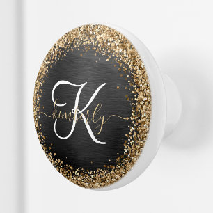 Custom Gold Glitter Black Sparkle Monogram Ceramic Knob