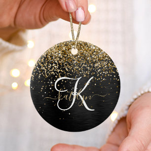 Custom Gold Glitter Black Sparkle Monogram Ceramic Tree Decoration
