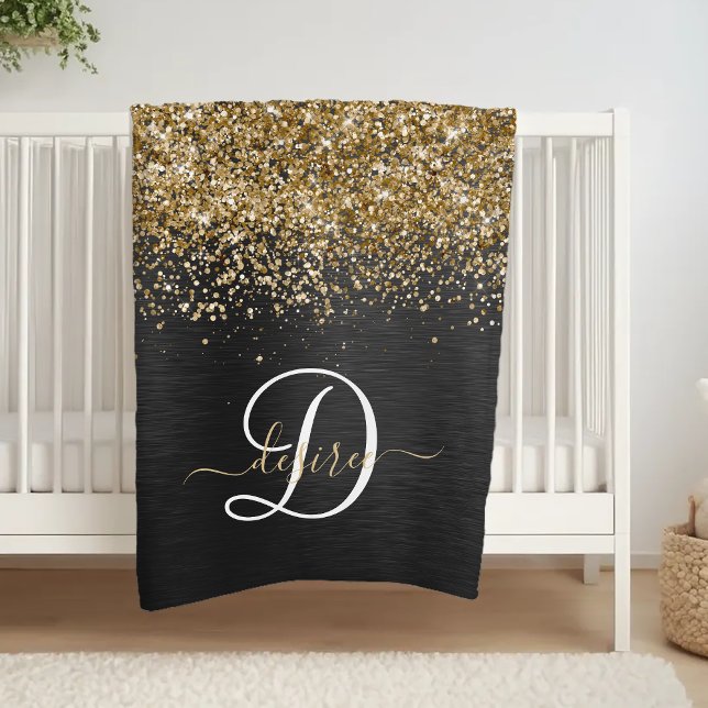 Custom Gold Glitter Black Sparkle Monogram Fleece Blanket (Creator Uploaded)