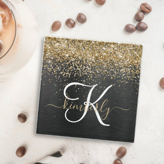 Custom Gold Glitter Black Sparkle Monogram Glass Coaster