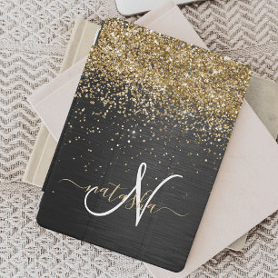 Custom Gold Glitter Black Sparkle Monogram iPad Mini Cover