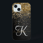 Custom Gold Glitter Black Sparkle Monogram iPhone 15 Case<br><div class="desc">Easily personalise this trendy elegant phone case design featuring pretty gold sparkling glitter on a black brushed metallic background.</div>