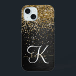 Custom Gold Glitter Black Sparkle Monogram iPhone 15 Case<br><div class="desc">Easily personalise this trendy elegant phone case design featuring pretty gold sparkling glitter on a black brushed metallic background.</div>