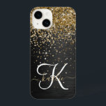 Custom Gold Glitter Black Sparkle Monogram iPhone 14 Case<br><div class="desc">Easily personalise this trendy elegant phone case design featuring pretty gold sparkling glitter on a black brushed metallic background.</div>