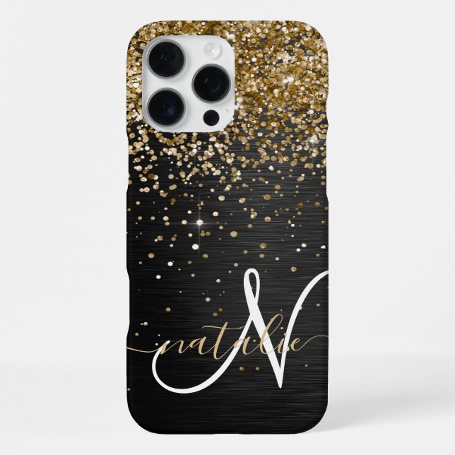 Custom Gold Glitter Black Sparkle Monogram iPhone Case (Back)