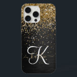 Custom Gold Glitter Black Sparkle Monogram iPhone 15 Pro Max Case<br><div class="desc">Easily personalise this trendy elegant phone case design featuring pretty gold sparkling glitter on a black brushed metallic background.</div>