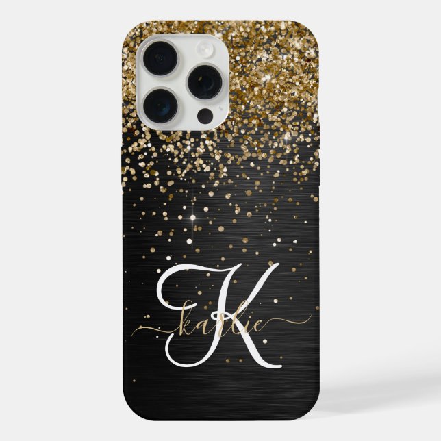 Custom Gold Glitter Black Sparkle Monogram iPhone Case (Back)