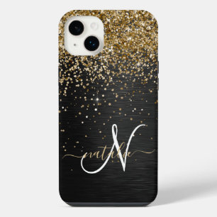 Custom Gold Glitter Black Sparkle Monogram iPhone 14 Plus Case