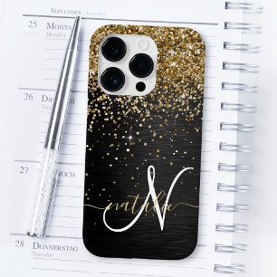 Custom Gold Glitter Black Sparkle Monogram iPhone 14 Pro Case