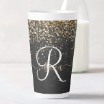 Custom Gold Glitter Black Sparkle Monogram Latte Mug<br><div class="desc">Easily personalise this trendy elegant latte mug design featuring pretty gold sparkling glitter on a black brushed metallic background.</div>