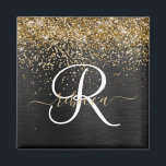 Custom Gold Glitter Black Sparkle Monogram Magnet<br><div class="desc">Easily personalise this trendy elegant magnet design featuring pretty gold sparkling glitter on a black brushed metallic background.</div>