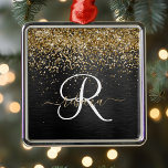 Custom Gold Glitter Black Sparkle Monogram Metal Tree Decoration<br><div class="desc">Easily personalise this trendy elegant ornament design featuring pretty gold sparkling glitter on a black brushed metallic background.</div>