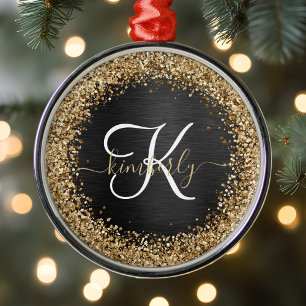 Custom Gold Glitter Black Sparkle Monogram Metal Tree Decoration