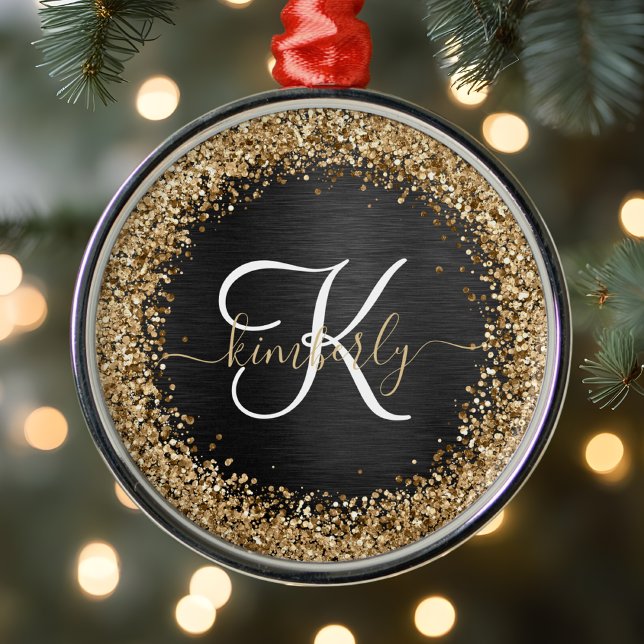 Custom Gold Glitter Black Sparkle Monogram Metal Tree Decoration (Creator Uploaded)