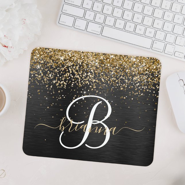 Custom Gold Glitter Black Sparkle Monogram Mouse Pad (Creator Uploaded)