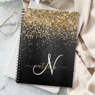 Custom Gold Glitter Black Sparkle Monogram Notebook