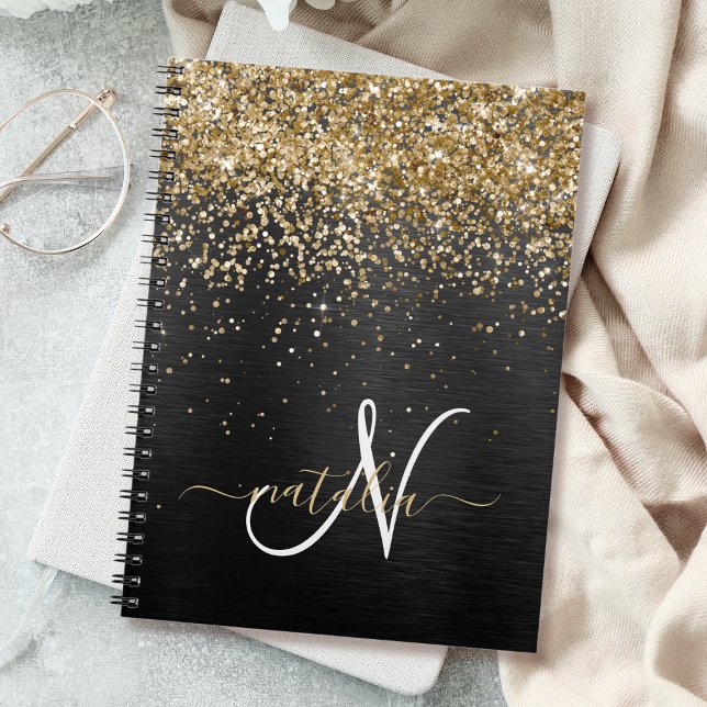 Custom Gold Glitter Black Sparkle Monogram Notebook (Creator Uploaded)