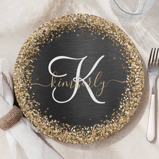 Custom Gold Glitter Black Sparkle Monogram Paper Plate (Creator Uploaded)