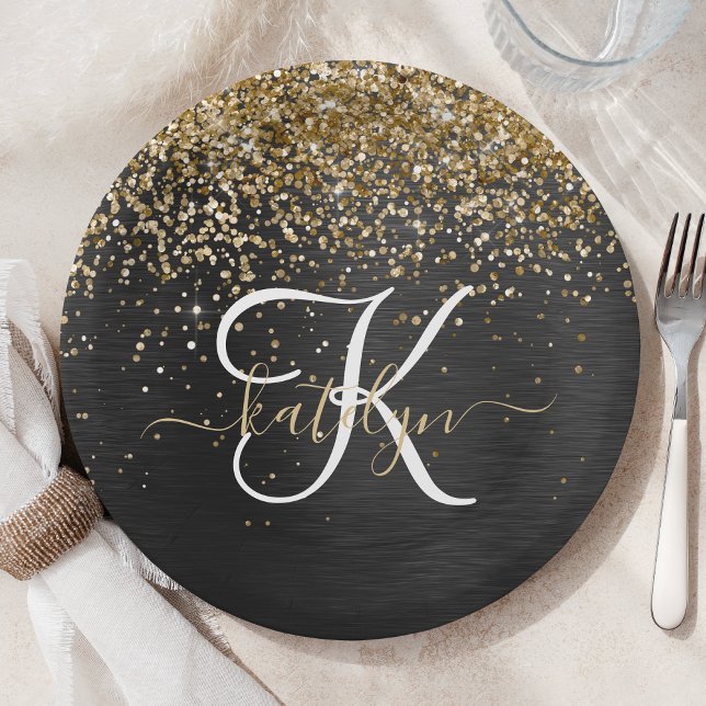 Custom Gold Glitter Black Sparkle Monogram Paper Plate (Creator Uploaded)